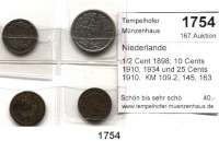 AUSLÄNDISCHE MÜNZEN,Niederlande LOTS     LOTS     LOTS 1/2 Cent 1898; 10 Cents 1910, 1934 und 25 Cents 1910.  KM 109.2, 145, 163 und 146.  LOT. 4 Stück.