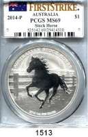 AUSLÄNDISCHE MÜNZEN,Australien Elisabeth II. 1952 - 2022 1 Dollar (Silberunze) 2014.  Australian Stock Horse.  In PCGS Kapsel 