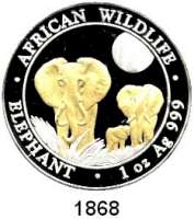 AUSLÄNDISCHE MÜNZEN,Somalia  100 Shillings 2014.  (Silberunze, Motivteile vergoldet).  Afrikanischer Elefant.