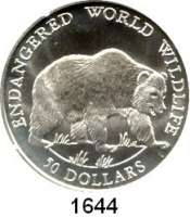 AUSLÄNDISCHE MÜNZEN,Cook Islands Elisabeth II. 1952 - 2022 50 Dollars 1990.  Bedrohte Tierwelt - Graubär (Auflage 550 Exemplare).  Schön 96.  KM 52.