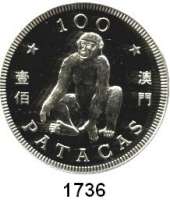 AUSLÄNDISCHE MÜNZEN,Macau  100 Patacas 1992.  Jahr des Affen (Auflage 1000 Exemplare).  Schön 50.  KM 52.