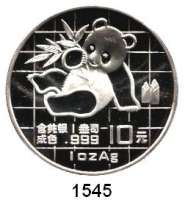 AUSLÄNDISCHE MÜNZEN,China Volksrepublik seit 1949 10 Yuan 1989 (Silberunze).  Panda mit Bambuszweig.  Schön 215.  KM A 221.