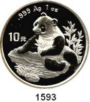 AUSLÄNDISCHE MÜNZEN,China Volksrepublik seit 1949 10 Yuan 1998 (Silberunze).  Panda am Gewässer.  Enge Jahreszahl.  Schön 1091.  KM 1126.  In Kapsel.