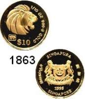 AUSLÄNDISCHE MÜNZEN,Singapur  10 Dollars 1995 (1/10 Unze Gold 3,11g fein).  Goldbarrenmünzen 
