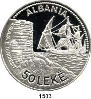 AUSLÄNDISCHE MÜNZEN,Albanien Republik 50 Lek 1987 (5 Unzen Silber).  Segelschiff 