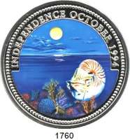 AUSLÄNDISCHE MÜNZEN,Palau  20 Dollars 1994 (Silber, 5 Unzen, Farbmünze).  Nautilus Muschel.  Schön 10.  KM 42.  Mit Zertifikat.