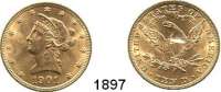 AUSLÄNDISCHE MÜNZEN,U S A  10 Dollars 1901  (15,04g fein).  Kahnt/Schön 49.  KM 102.  Fb. 160.  GOLD.