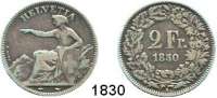 AUSLÄNDISCHE MÜNZEN,Schweiz Eidgenossenschaft 2 Franken 1850.  Sitzende Helvetia.  HMZ. 2-1201 a.  Kahnt/Schön 14.  KM 10.