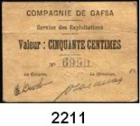 P A P I E R G E L D,AUSLÄNDISCHES  PAPIERGELD Tunesien Notgeld.  Compagnie de Gafsa.  Billet zu 50 Centimes 10.2.1916.  KN 6999.