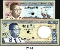 P A P I E R G E L D,AUSLÄNDISCHES  PAPIERGELD Kongo 100 Francs (Sternlochung nicht im Pick beschrieben) und 1000 Francs (Sternlochung) 1.8.1964.  Pick 6 und 8 b.  LOT. 2 Scheine.
