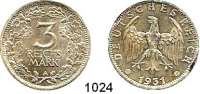 R E I C H S M Ü N Z E N,Weimarer Republik  3 Reichsmark 1931 A.  Jaeger 349.  Kursmünze.