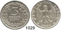 R E I C H S M Ü N Z E N,Weimarer Republik  3 Reichsmark 1932 D.  Jaeger 349.  Kursmünze.