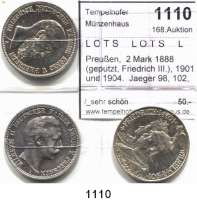 R E I C H S M Ü N Z E N,L O T S     L O T S     L O T S  Preußen,  2 Mark 1888 (geputzt, Friedrich III.), 1901 und 1904.  Jaeger 98, 102, 105.  LOT. 3 Stück.