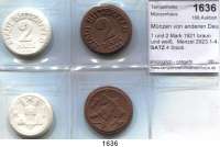 P O R Z E L L A N M Ü N Z E N,Münzen von anderen Deutschen Keramischen Fabriken Bitterfeld 1 und 2 Mark 1921 braun und weiß.  Menzel 2923.1-4.  SATZ. 4 Stück.