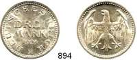 R E I C H S M Ü N Z E N,Weimarer Republik  DREI MARK 1924 F.  Jaeger 312.  Fehlprägung mit 