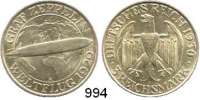 R E I C H S M Ü N Z E N,Weimarer Republik  3 Reichsmark 1930 A.  Jaeger 342.  Zeppelin.