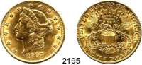 AUSLÄNDISCHE MÜNZEN,U S A  20 Dollars 1907.  (30,09g fein).  Schön 114.  KM 74.3  Fb. 177.  GOLD.