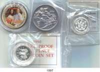 AUSLÄNDISCHE MÜNZEN,Großbritannien LOTS    LOTS    LOTS Crown 1889(ss-vz); 5 New Pence 1990 Silber(PP) mit Zertifikat; Pfund 1994 Silber(PP) mit Zertifikat und K/N-Crown mit Farbeinlage 