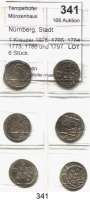 Deutsche Münzen und Medaillen,Nürnberg, Stadt LOTS     LOTS     LOTS 1 Kreuzer 1678, 1705, 1764, 1773, 1786 und 1797.  LOT. 6 Stück.