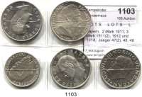 R E I C H S M Ü N Z E N,L O T S     L O T S     L O T S  Bayern,  2 Mark 1911; 3 Mark 1911(2), 1912 und 1914.  Jaeger 47(2), 48, 49 und 52.  LOT. 5 Stück.