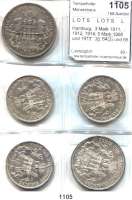 R E I C H S M Ü N Z E N,L O T S     L O T S     L O T S  Hamburg,  3 Mark 1911, 1912, 1914; 5 Mark 1908 und 1913.  Jg. 64(3) und 65(2).  LOT. 5 Stück.