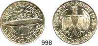 R E I C H S M Ü N Z E N,Weimarer Republik  3 Reichsmark 1930 E.  Jaeger 342.  Zeppelin.