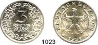 R E I C H S M Ü N Z E N,Weimarer Republik  3 Reichsmark 1931 A.  Jaeger 349.  Kursmünze.