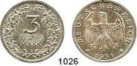 R E I C H S M Ü N Z E N,Weimarer Republik  3 Reichsmark 1931 E.  Jaeger 349.  Kursmünze.