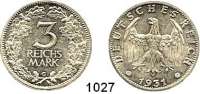 R E I C H S M Ü N Z E N,Weimarer Republik  3 Reichsmark 1931 G.  Jaeger 349.  Kursmünze.