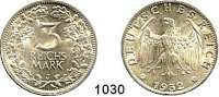 R E I C H S M Ü N Z E N,Weimarer Republik  3 Reichsmark 1932 J.  Jaeger 349.  Kursmünze.