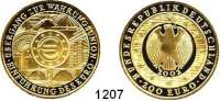 B U N D E S R E P U B L I K,  200 EURO 2002 G  (Goldunze).  Jaeger 494.  Übergang zur Währungsunion - Einführung des Euro.  GOLD.  Im Originaletui mit Zertifikat.