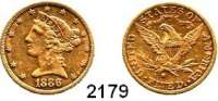 AUSLÄNDISCHE MÜNZEN,U S A  5 Dollars 1886 S  (7,5g fein).  Kahnt/Schön 47.  KM 101.  Fb. 145.  GOLD..