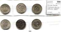R E I C H S M Ü N Z E N,Weimarer Republik  3 Reichsmark 1929 A bis J.  Jaeger 340.  Hindenburg - Schwurhand.  SATZ. 6 Stück.
