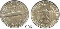 R E I C H S M Ü N Z E N,Weimarer Republik  3 Reichsmark 1930 A.  Jaeger 342.  Zeppelin.