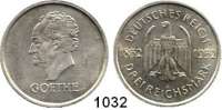 R E I C H S M Ü N Z E N,Weimarer Republik  3 Reichsmark 1932 A.  Jaeger 350.  Goethe.