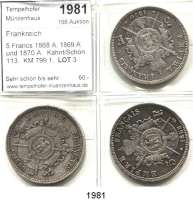AUSLÄNDISCHE MÜNZEN,Frankreich Napoleon III. 1852 - 1870 5 Francs 1868 A, 1869 A und 1870 A.  Kahnt/Schön 113.  KM 799.1.  LOT. 3 Stück.