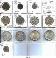 AUSLÄNDISCHE MÜNZEN,U S A L O T S     L O T S     L O T S Cent 1843(ss), 1886; III Cents 1873; 5 Cents 1898(ss); Half Dollar 1942, 1943, 1963; Gedenk-Half-Dollar 1893 Columbian Expo; Morgan-Dollar 1885 O(vz-prfr), 1900 O, Peace-Dollar 1922(vz) und 1923(vz).  LOT. 12 Stück.