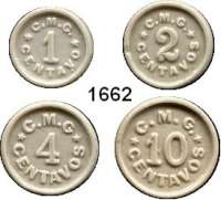 P O R Z E L L A N M Ü N Z E N,Münzen von ausländischen Keramischen Fabriken Gaia/Portugal 1, 2, 4 und 10 Centavos 1921 weiß, glasiert.  SATZ. 4 Stück.