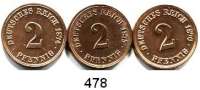 R E I C H S M Ü N Z E N,Kleinmünzen  2 Pfennig.  Jaeger 2.  1874 C; 1875 J; 1876 A.  LOT. 3 Stück.