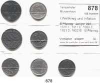 R E I C H S M Ü N Z E N,I.Weltkrieg und Inflation  5 Pfennig.  Jaeger 297.  1915 E; 1917 E; 1920 E; 1921 D; 1922 E. 10 Pfennig.  Jaeger 299. 1918, 1921.  LOT. 7 Stück.