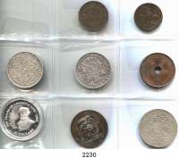 AUSLÄNDISCHE MÜNZEN,L  O  T  S     L  O  T  S     L  O  T  S  Belgien, 5 Centimes 1851; Belgisch Kongo, 10 Centimes 1888; Cook Islands, 50 Dollars 1991; Frankreich, 10 Centimes 1870 A; 5 Francs 1868 BB(Rdd.); Großbritannien, Trade Dollar 1902 B; Österreich, 30 Kreuzer 1907 S und Straits Settlements, Dollar 1903.  LOT. 8 Stück.
