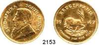 AUSLÄNDISCHE MÜNZEN,Südafrika Republik, seit 1961 Krugerrand 1967 (31,1g fein).  Schön 105.  KM 73.  Fb. B 1.  GOLD..