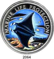 AUSLÄNDISCHE MÜNZEN,Palau  20 Dollars 1999 (Silber, 5 Unzen, Farbmünze).  Schutz der Meeresfauna - Mantarochen.  Schön 32.  KM 38.  Im Etui mit Zertifikat.