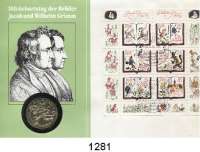Deutsche Demokratische Republik,  20 Mark 1986.  200. Geburtstag der Gebrüder Grimm.  Numisbrief (Hintergrund lindgrün).