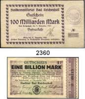 P A P I E R G E L D   -   N O T G E L D,Bayern Reichenhall, Bad Stadtrat,  20 Millionen Mark 10.9.1923.  50 Millionen Mark 24.9.1923.  1 Billion Mark 21.11.1923.  Badkommissariat,  20 Millionen Mark 22.9.1923, 100 Milliarden Mark 9.11.1923.  Keller 4501 g, h,  x, 4502 a, b.  LOT. 5 Scheine.