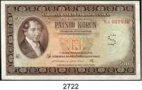 P A P I E R G E L D,AUSLÄNDISCHES  PAPIERGELD Tschechoslowakei 500 Kronen 12.3.1946.  1x entwertet mit drei Löchern, 1x entwertet mit einem perforierten 