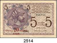 P A P I E R G E L D,AUSLÄNDISCHES  PAPIERGELD Jugoslawien 20 Kronen Überdruck auf 5 Dinara o.D.(1919).  Pick 16 a.