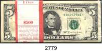 P A P I E R G E L D,AUSLÄNDISCHES  PAPIERGELD U.S.A. 5 Dollars 1995*.  Ersatznote.  Serie B.  Originalbündel zu 100 Stück ($ 500).  Pick 498.
