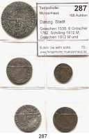 Deutsche Münzen und Medaillen,Danzig, Stadt LOTS Groschen 1535; 6 Gröscher 1762; Schilling 1812 M; Groschen 1812 M und Polen, Ort 1622.  LOT. 5 Stück.