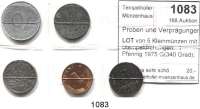 R E I C H S M Ü N Z E N,Proben und Verprägungen  LOT. von 5 Kleinmünzen mit Stempeldrehungen.  1 Pfennig 1975 G(340 Grad); 5 Pfennig 1918 E(330 Grad); 1921 E(330 Grad); 5 Reichspfennig 1940 A(70 Grad) und 10 Reichspfennig 1941 J(260 Grad).